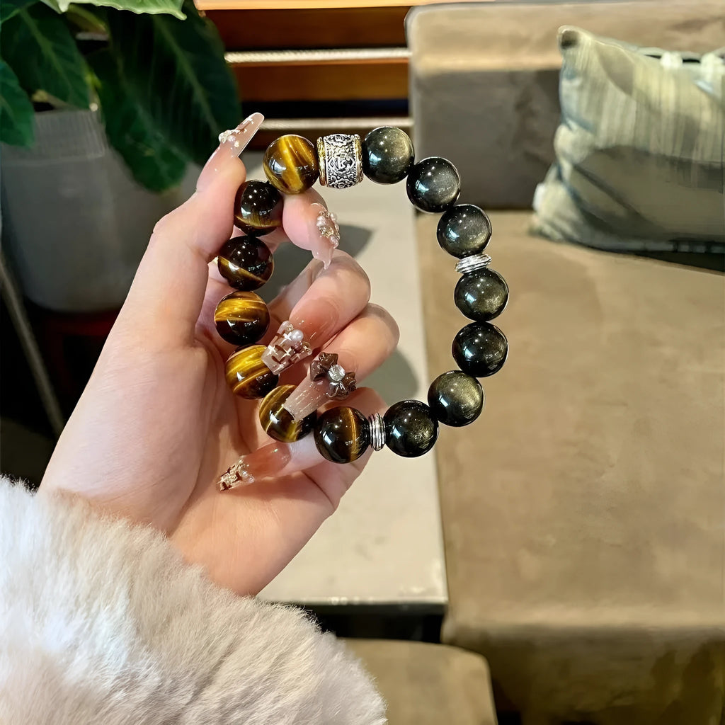 Women's tigereye silver stone double bracelet with gold inlay and U-shaped totem design