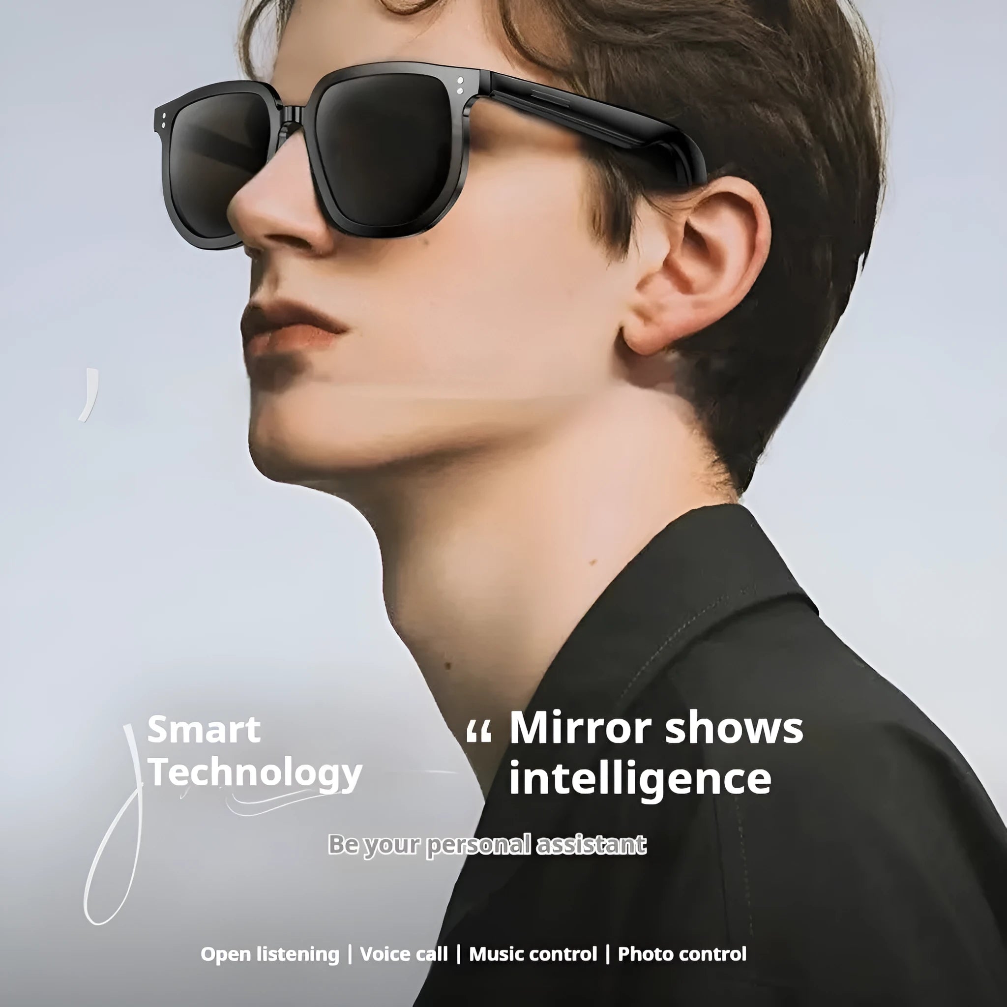 Black PC smart glasses with Bluetooth audio and touch controls for music and calls