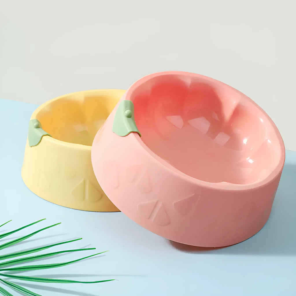 Green and yellow plastic double pet bowl for food and water on a flat surface.