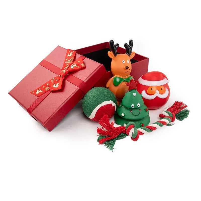 Christmas pet dog bite-resistant vinyl toy set with barbell sweet circle and bite rope