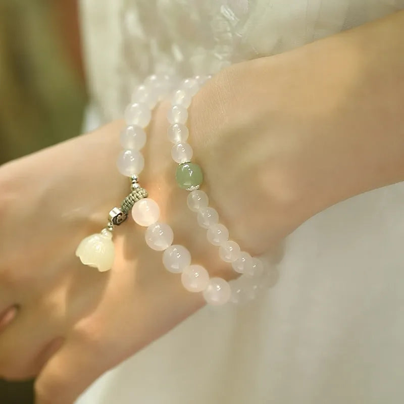 Women's S925 silver white agate Hetian jade bracelet national style geometric lotus design