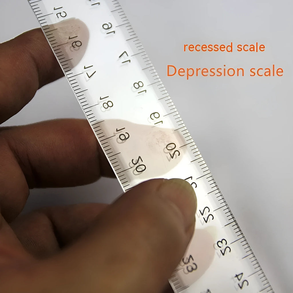 Transparent plastic T-shaped technical drawing ruler showing British centimetre graduations