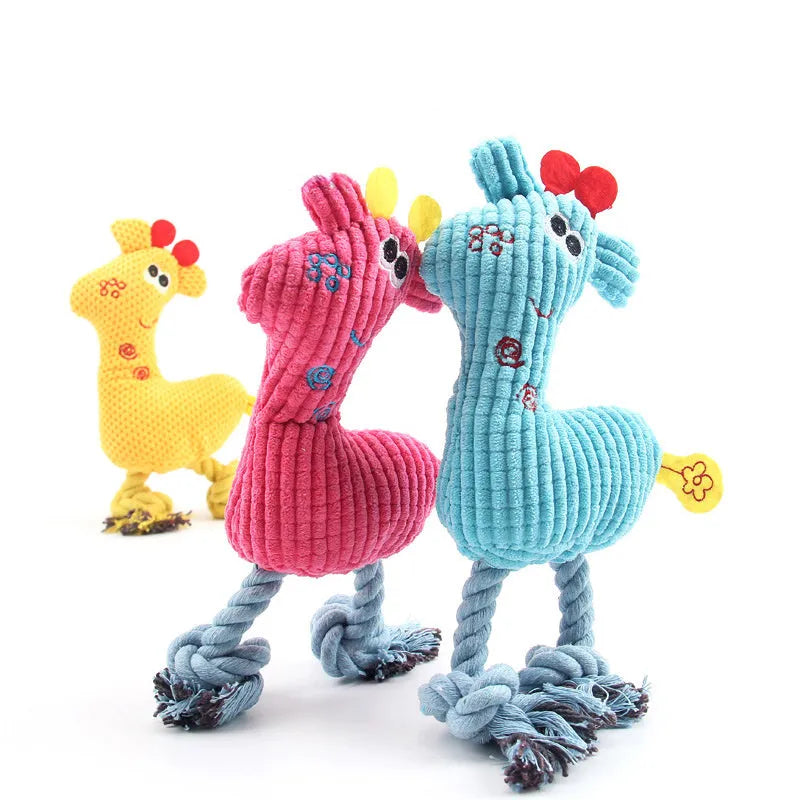 Blue deer shaped plush dog toy with corn grain texture and squeaker