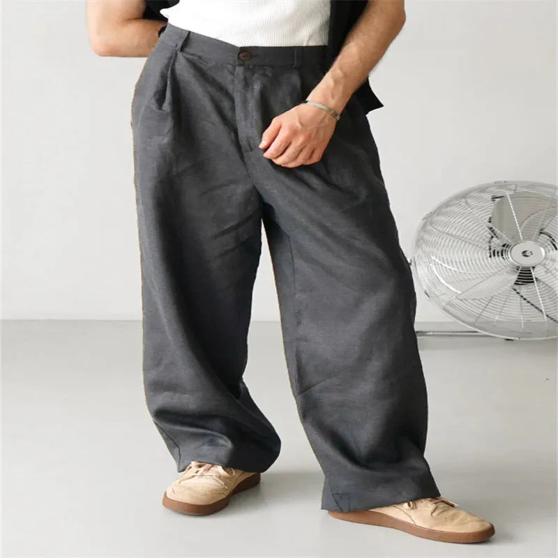 Men's loose linen high waist jogger pants in khaki, straight-leg cut, side view