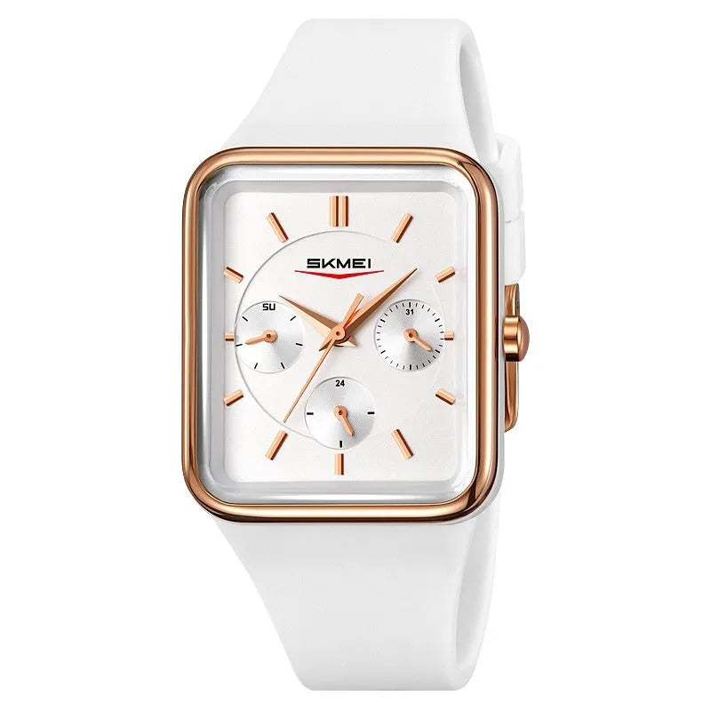 Multi functional square silicone waterproof watch for women, black gold colour, on wrist