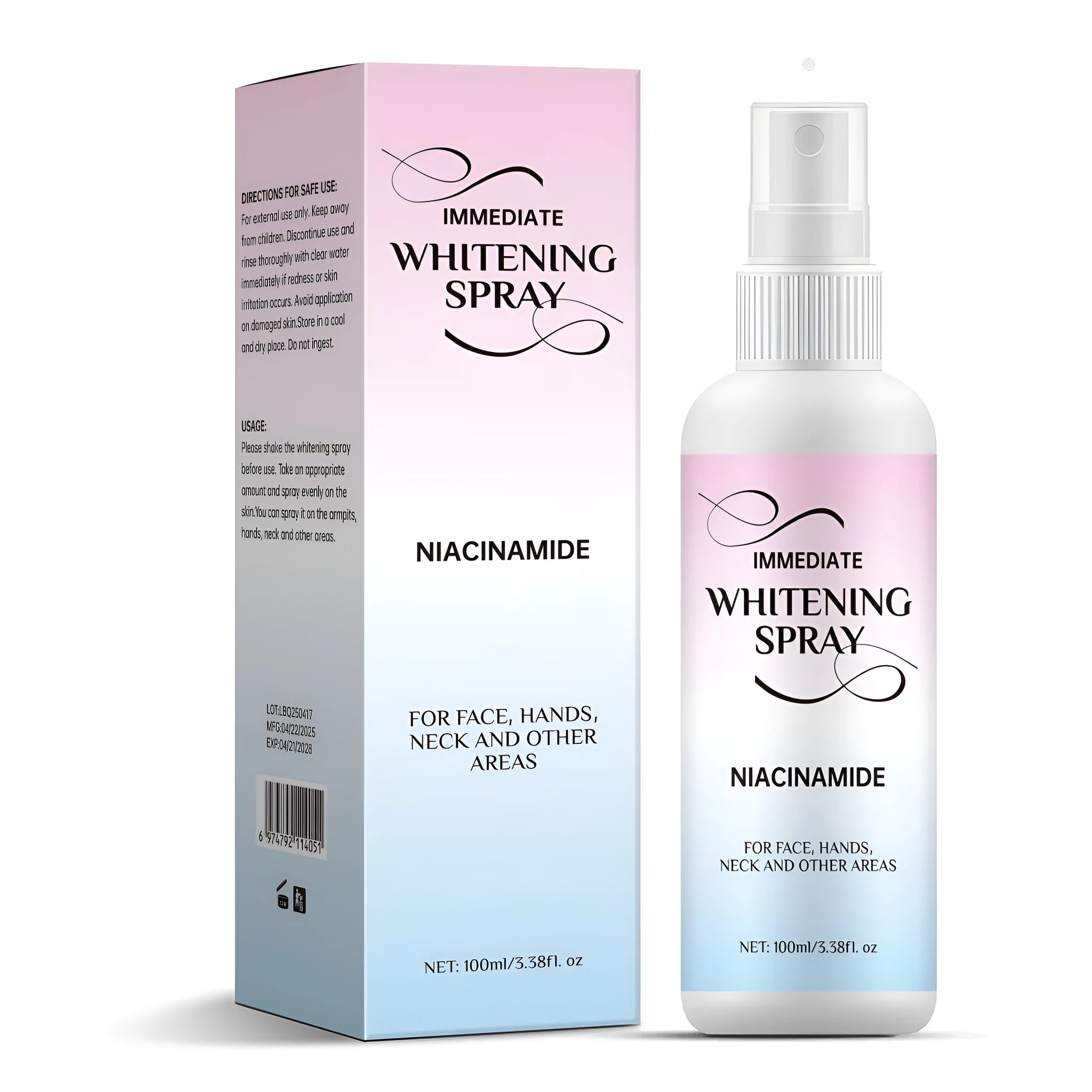 100ml bottle of whitening spray for brightening skin colour with sweat-proof coverage.