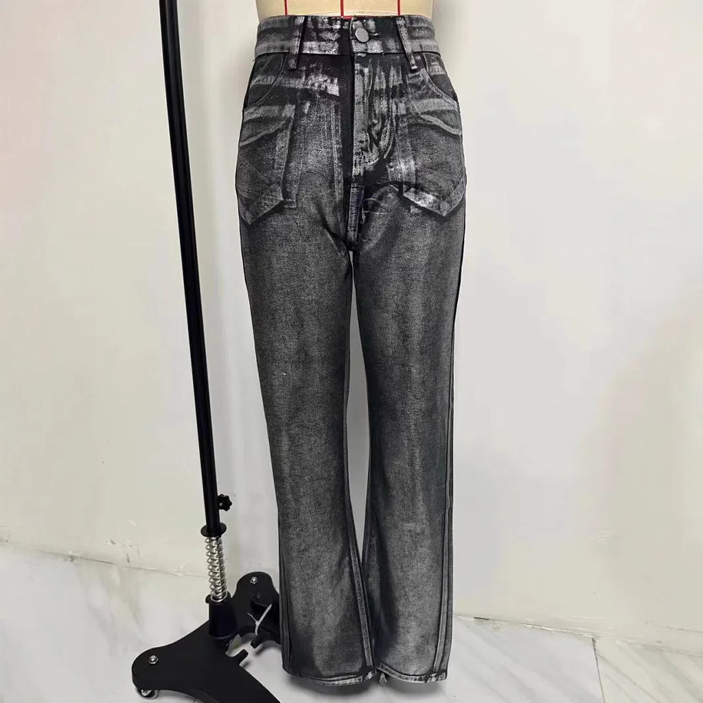 Women's high waist straight leg jeans in washed blue denim with hot silver contrast details