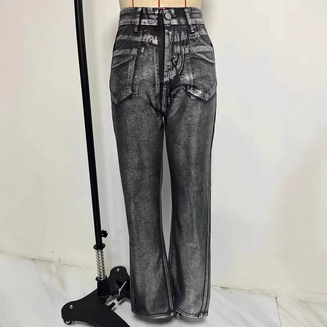 Women's high waist straight leg jeans in washed blue denim with hot silver contrast details