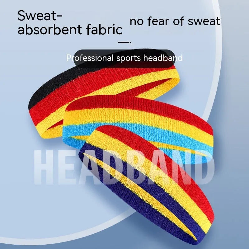 Colourful sports headband for adults in red, yellow, and blue, shown on a head during exercise.