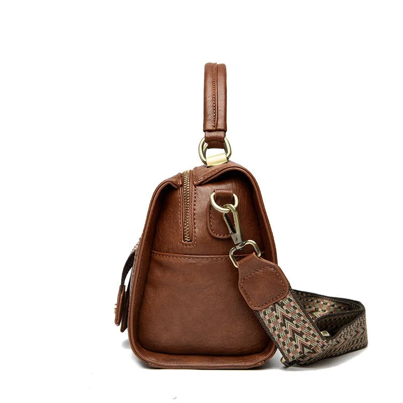 Retro soft PU one-shoulder crossbody bag with horizontal square shape and sandwich pocket in various colours