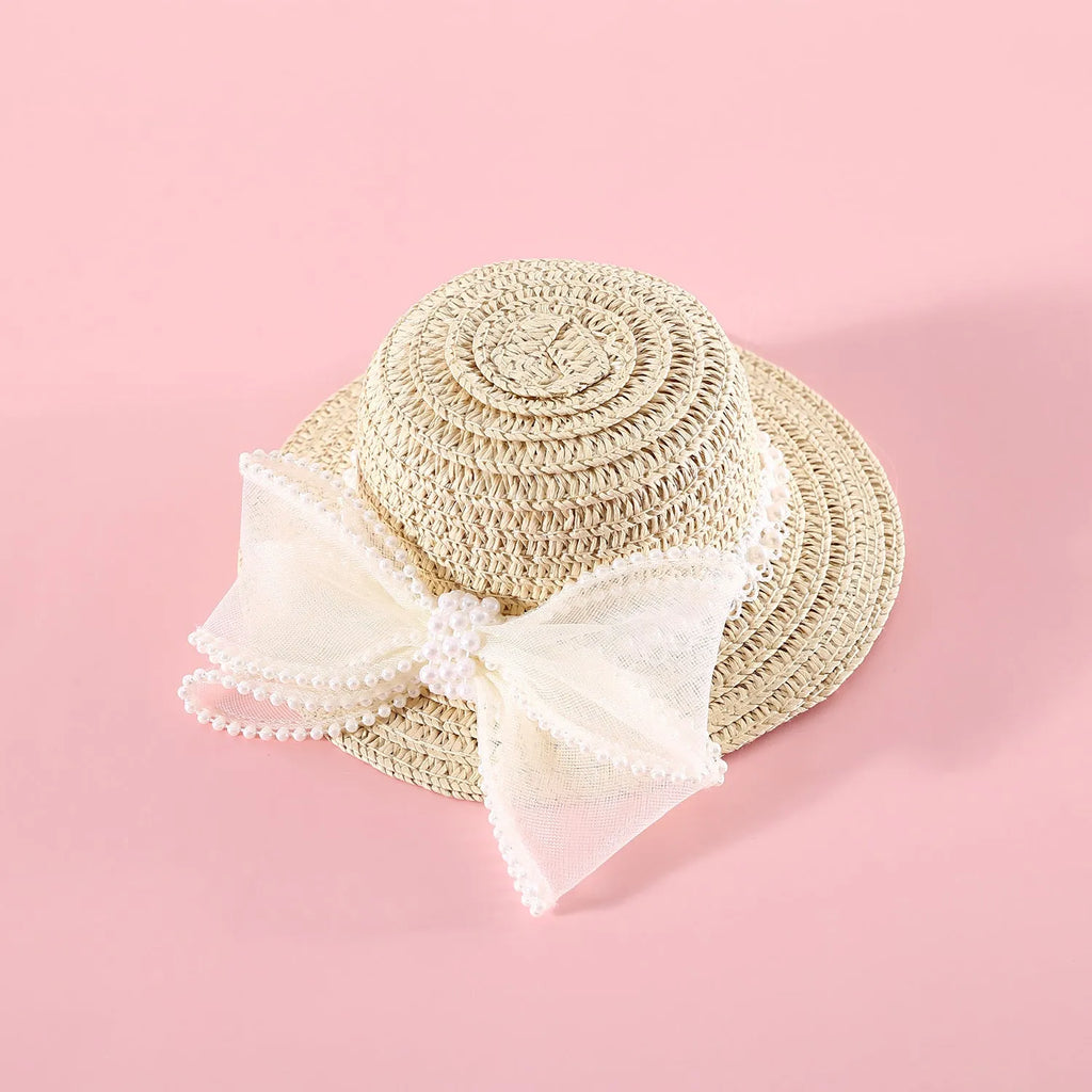 Woven Lafite leaves cat hat with pearl butterfly bow in pink blue purple or white