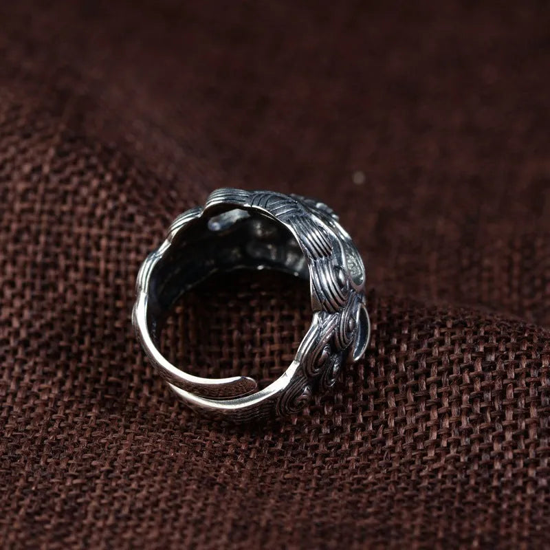 Personalised silver open ring with detailed Chinese zodiac jibeast Goat pattern.