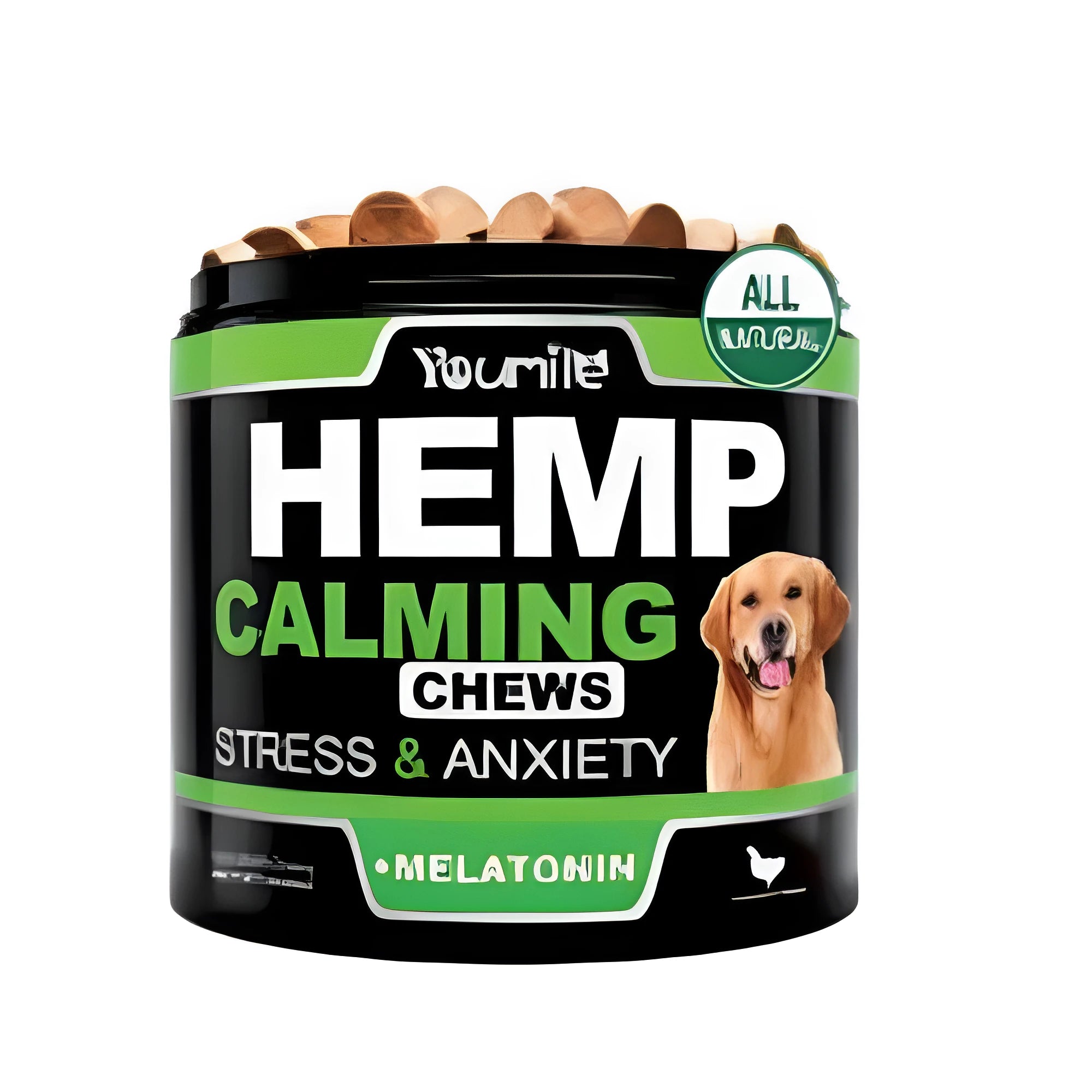 Calm Down and Chew natural health supplement bottle containing 120 chewable capsules
