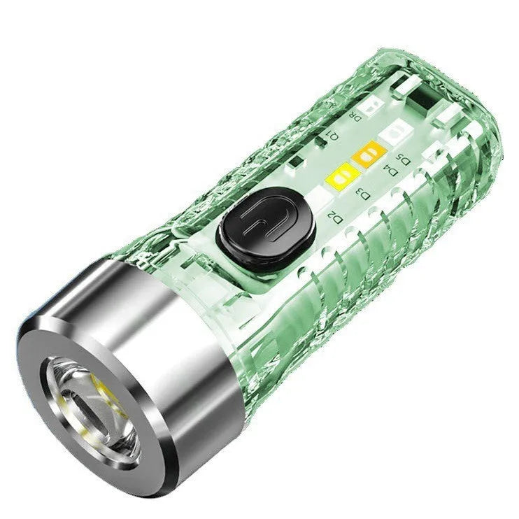 USB keychain light in red colour, ultra-thin ABS construction, mini portable torch with keychain attachment