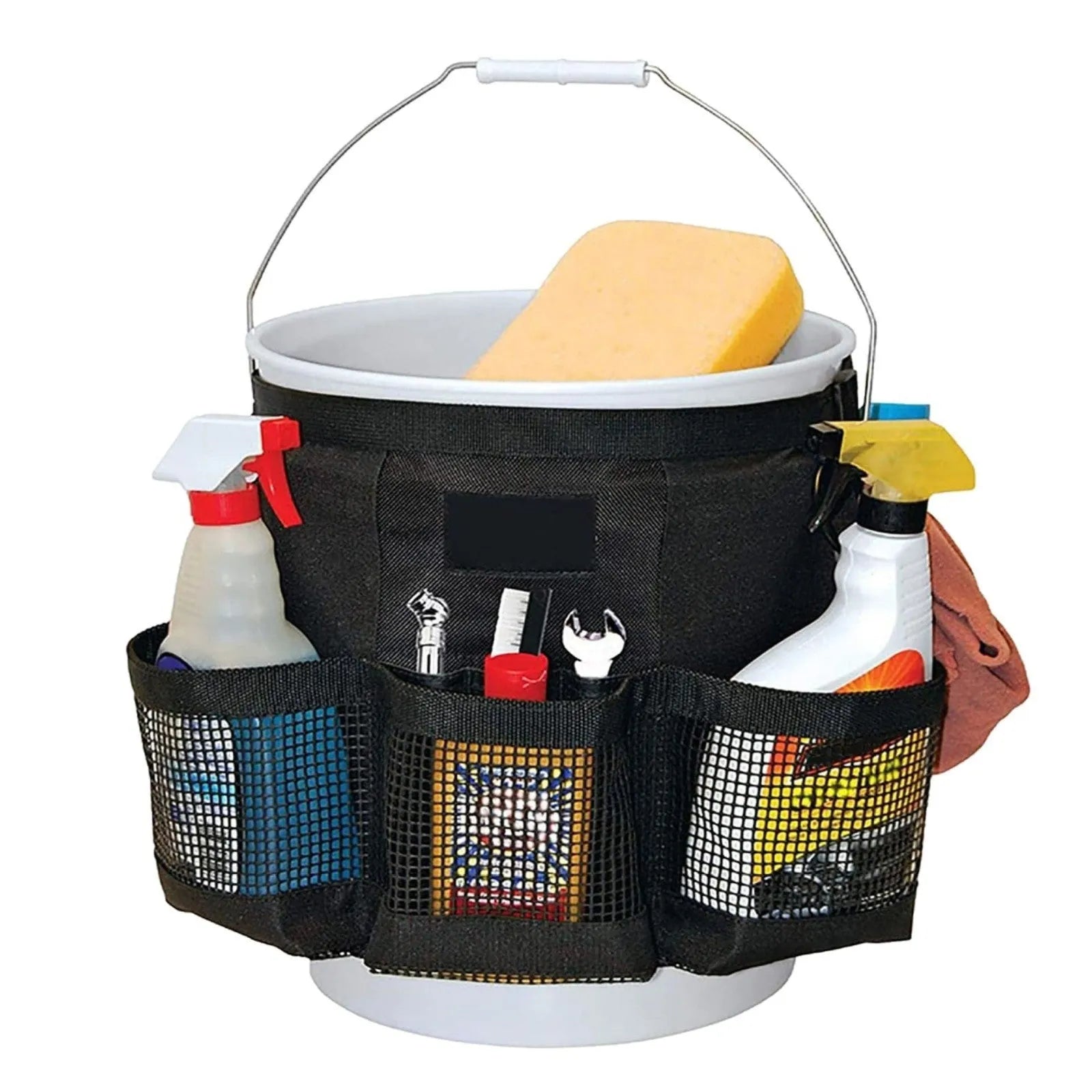Black cylindrical polyester hanging storage bag with straps, designed to fit a 5 gallon barrel.