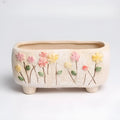 Rectangular hand-painted ceramic flower pot for succulents, 13.7x6.2x6.5cm, with decorative raised design