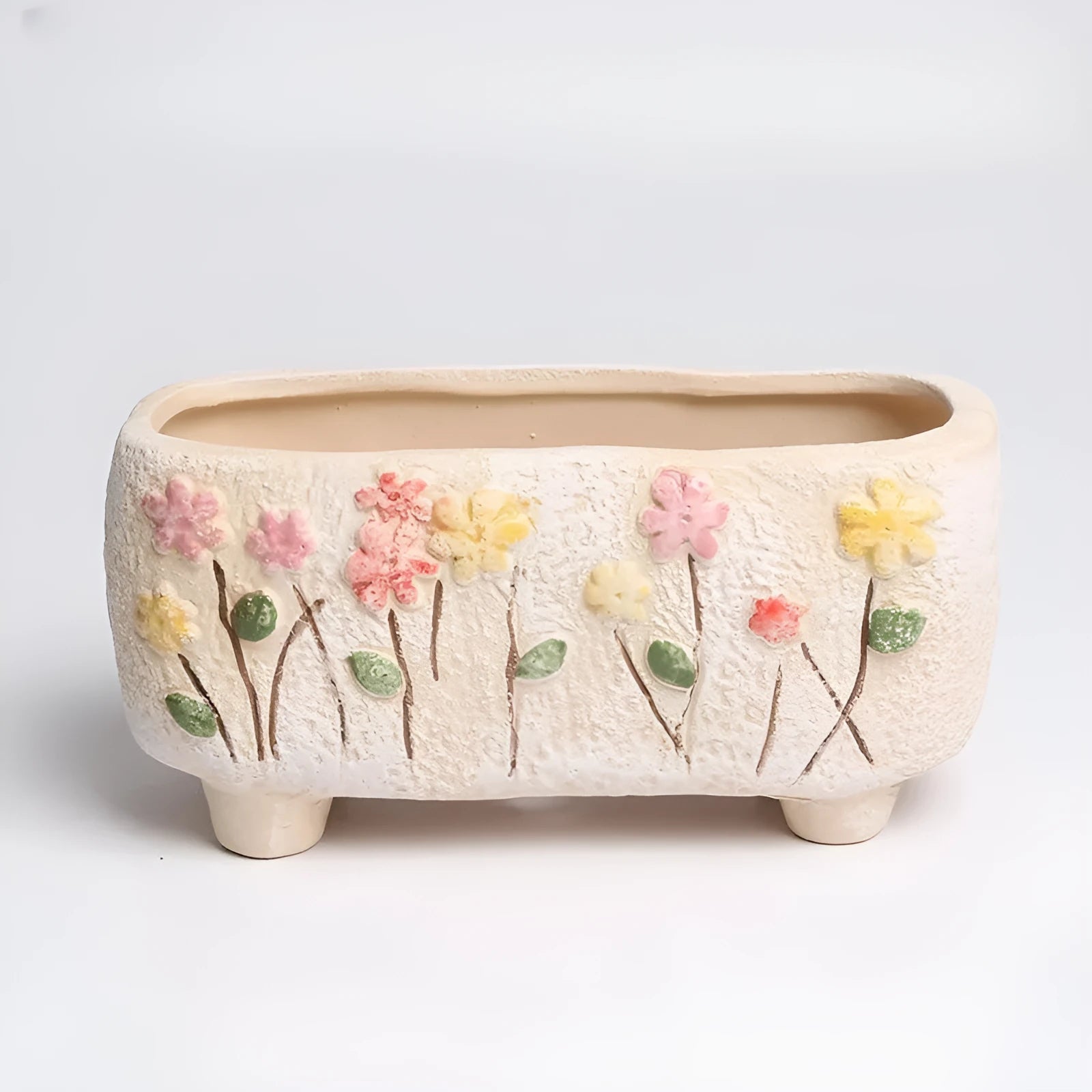 Rectangular hand-painted ceramic flower pot for succulents, 13.7x6.2x6.5cm, with decorative raised design