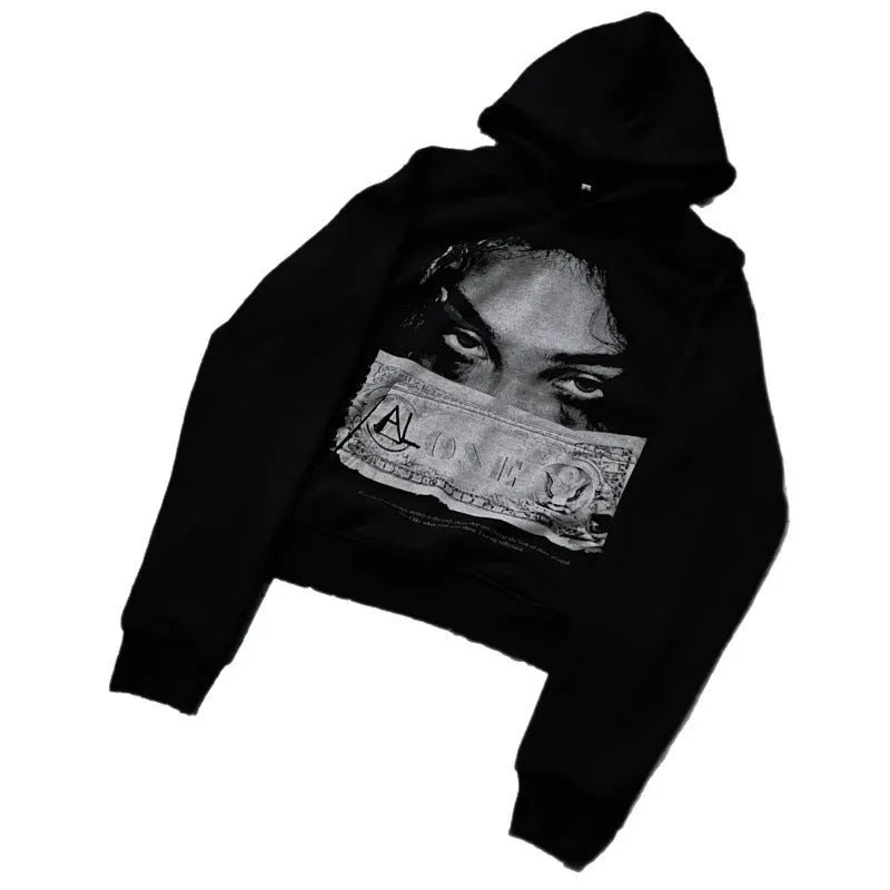 Women's loose fit black polyester hoodie with dark printed cartoon pattern front view