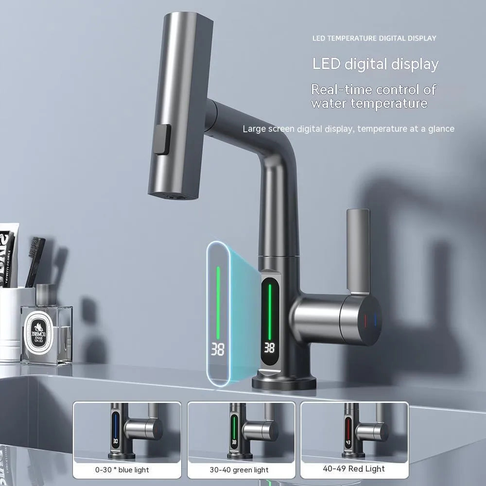 Intelligent digital display pull-out basin faucet with LED temperature screen, copper finish, and 60cm hose