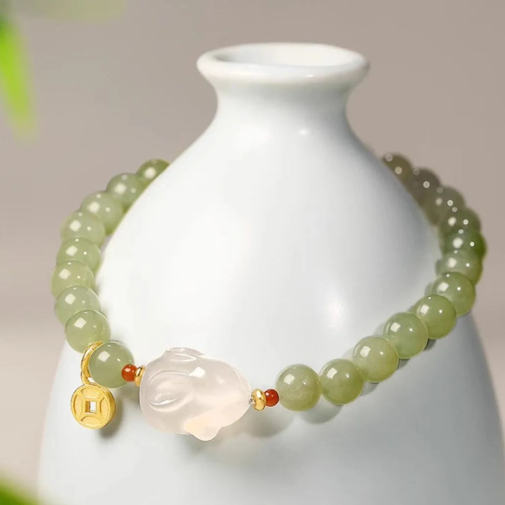 Handmade Hetian jade rabbit bracelet for women in glass or coloured glaze sweet style gift box