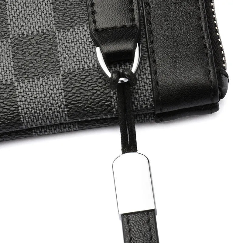 Men's black leather plaid clutch wallet showing 20×10cm dimensions and genuine cowhide construction