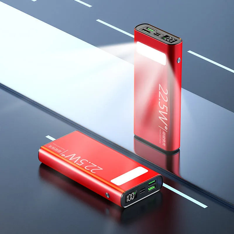 Alloy shell power bank with LCD display showing battery percentage, available in black, green, red, and blue colours.