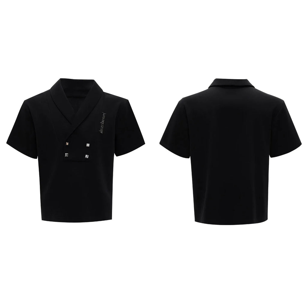 Men's dark grey V-neck padded shoulder short sleeve cotton jacket with metal details and matching trousers.