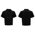 Men's dark grey V-neck padded shoulder short sleeve cotton jacket with metal details and matching trousers.