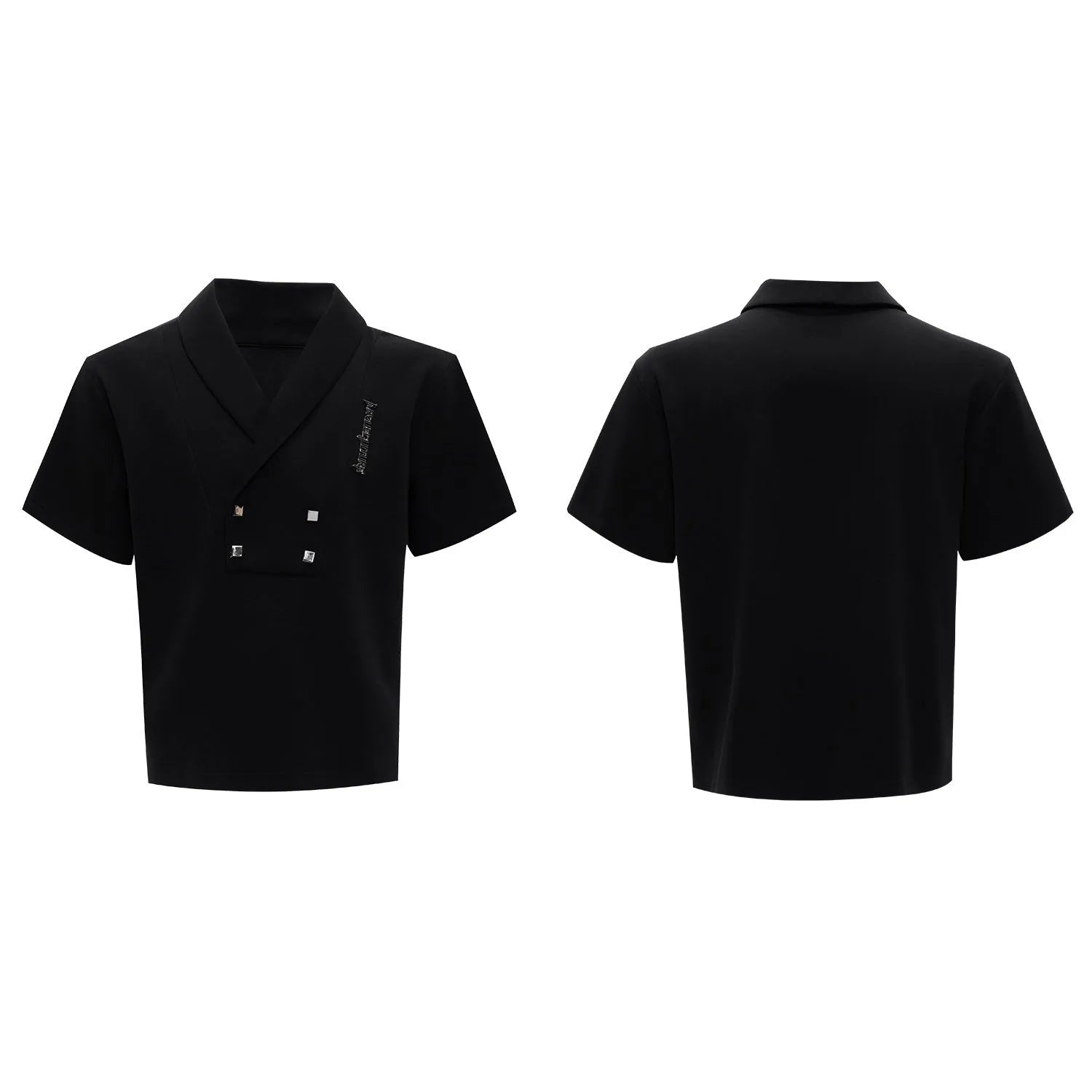 Men's dark grey V-neck padded shoulder short sleeve cotton jacket with metal details and matching trousers.