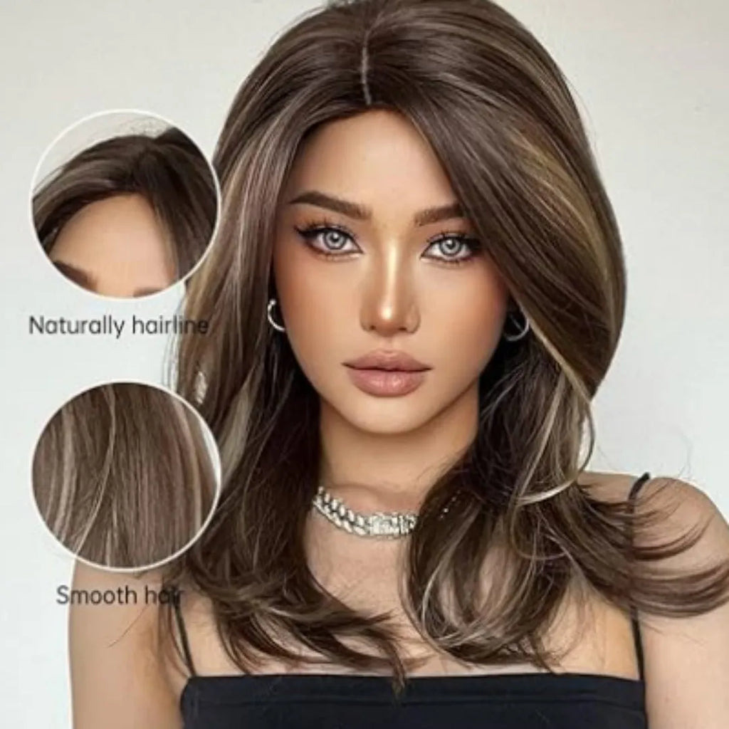 Mid-length curly full-head wig with long bangs in a white gold gradient colour