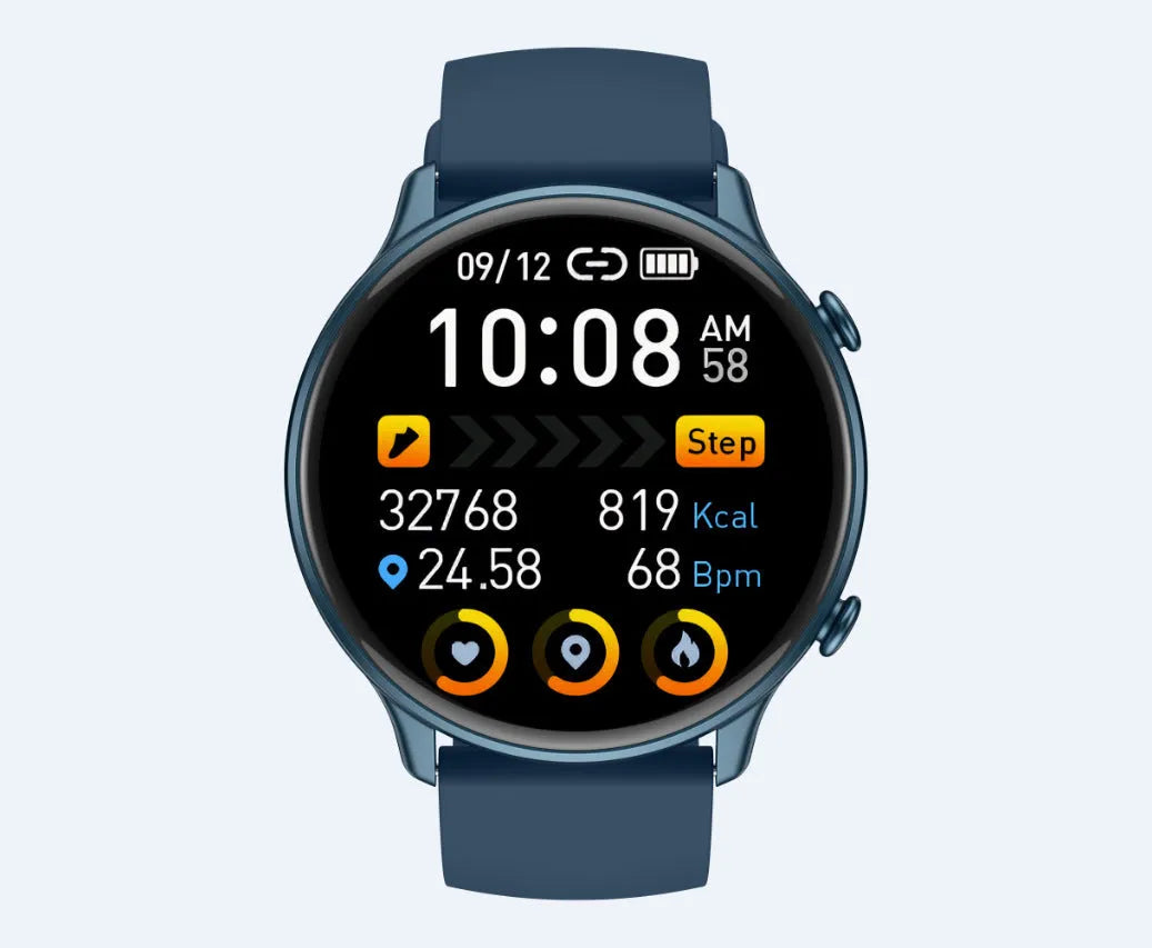 Smart sports watch with round full touch screen, silicone strap, and heart rate monitor display