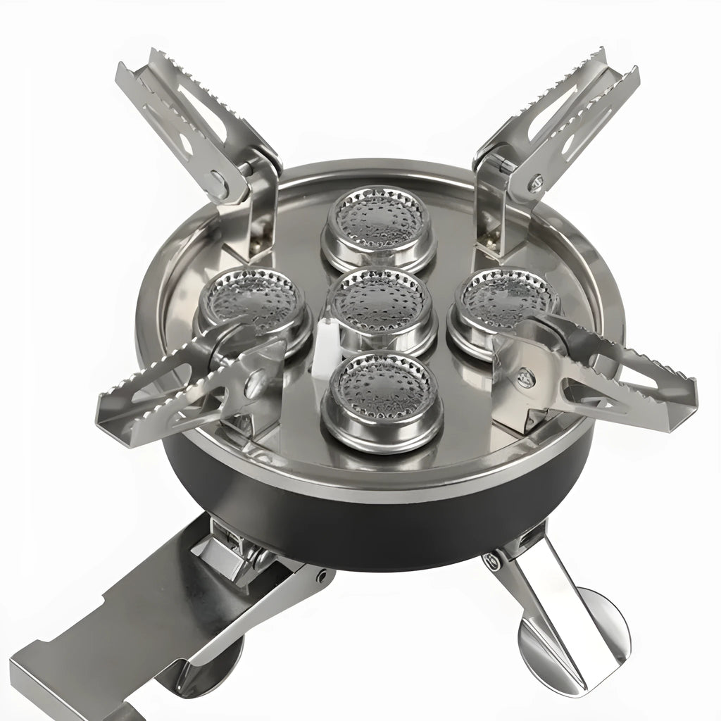 Silver portable split camping stove with stainless steel construction and fuel hose