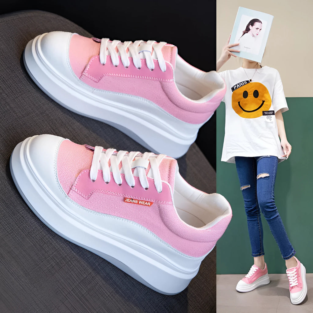 Women's thick-soled leather board shoes in pink and beige colours for height increase