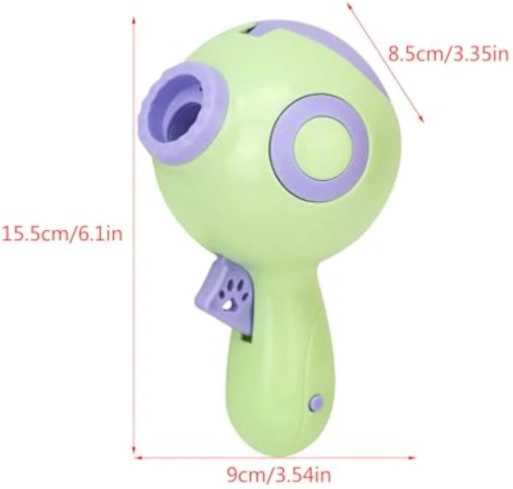 Green, orange, and pink plastic dog treat launcher toy for interactive feeding and training