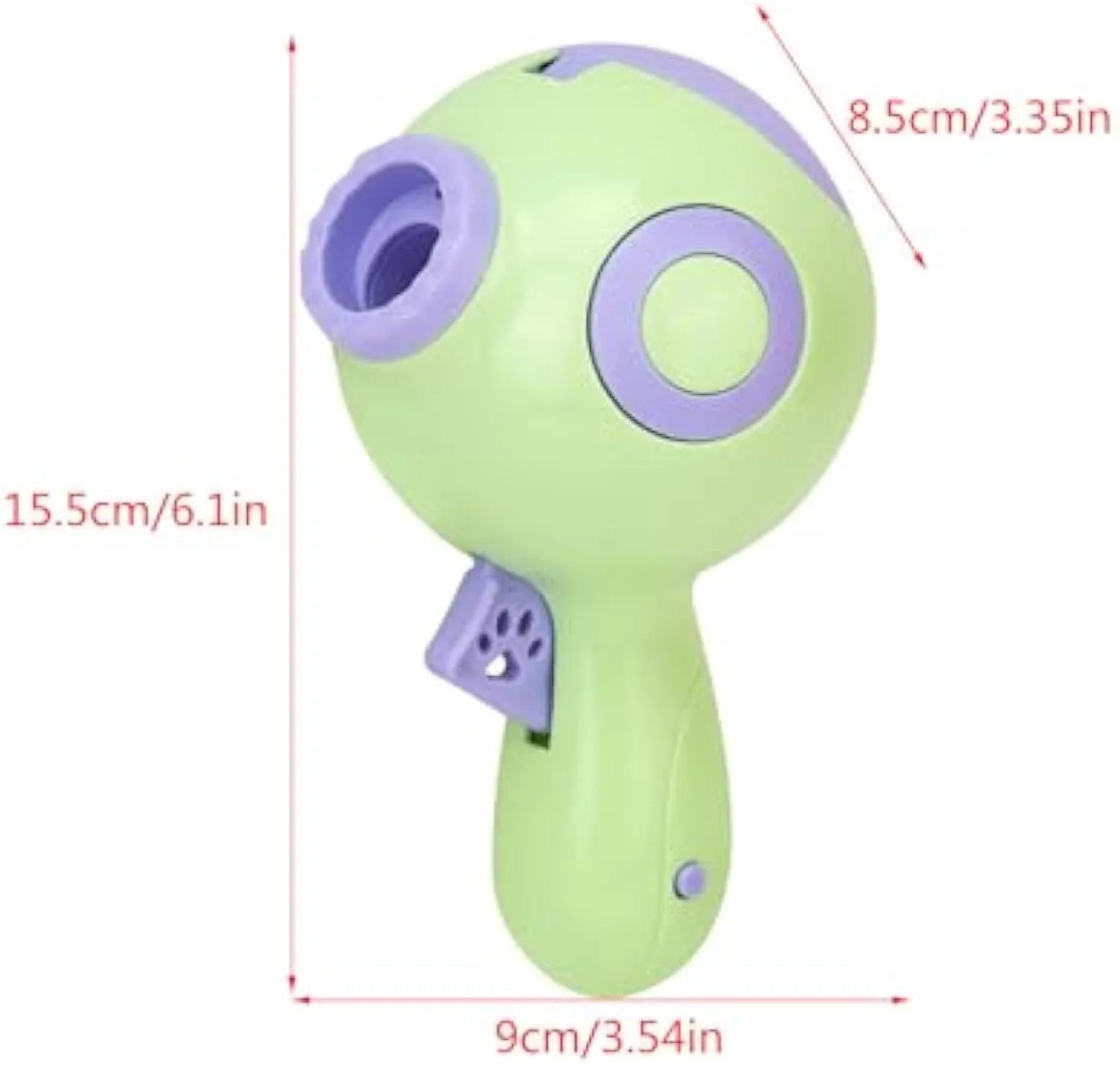 Green, orange, and pink plastic dog treat launcher toy for interactive feeding and training