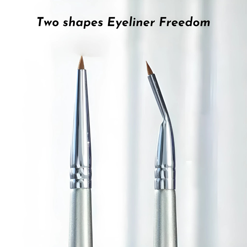 Bent head eyeliner brush with angled design for under eye and tear trough makeup application
