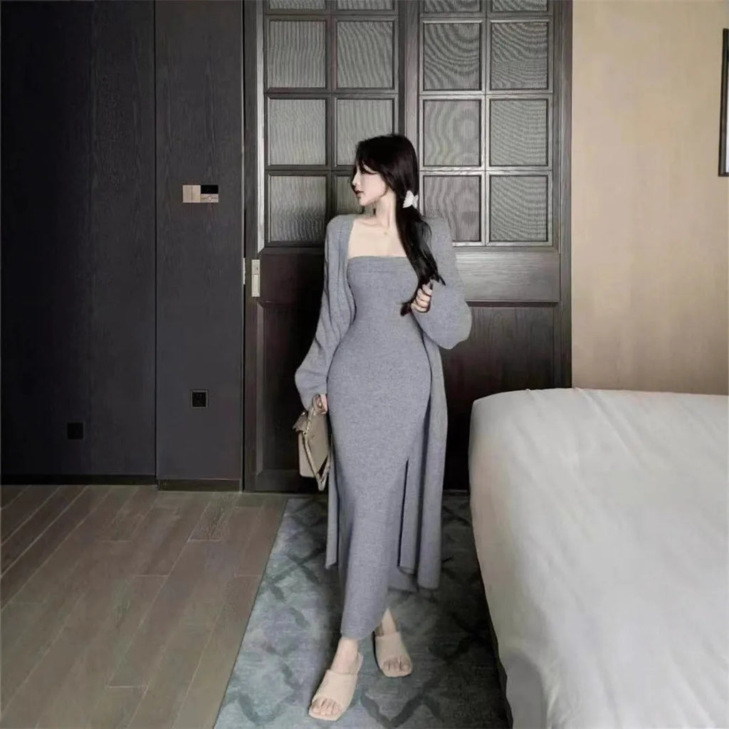 Women's grey knitted cardigan and long skirt dress suit with flocking detail