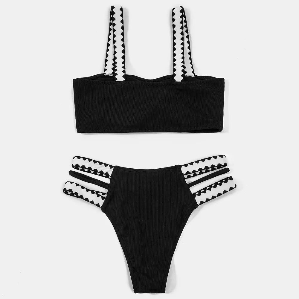 Women's black hollowed-out split swimsuit briefs made of polyester for swimming and wading