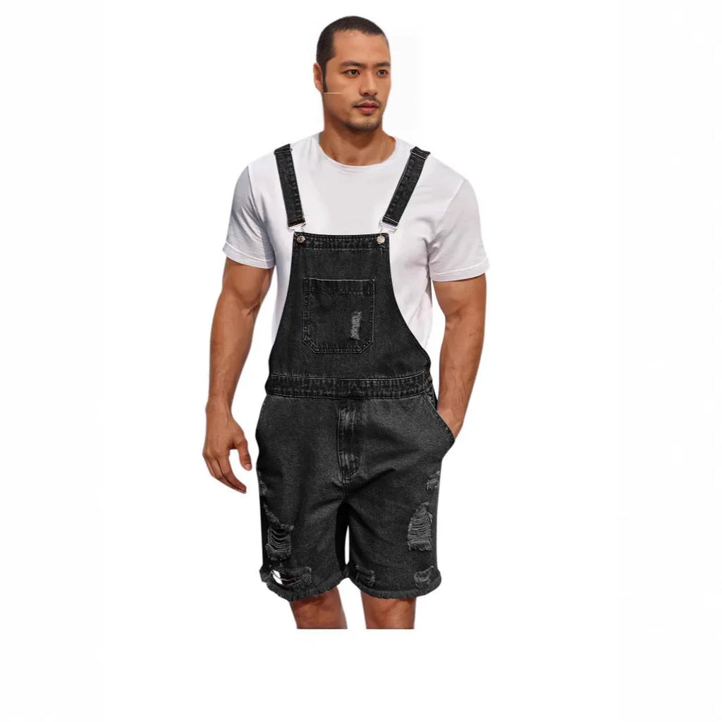 Men's cotton denim suspender shorts straight-leg mid-waist dark blue