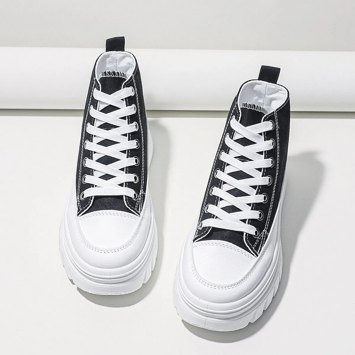 Women black lace-up high top flatform canvas shoes with height increasing insole and T-strap detail