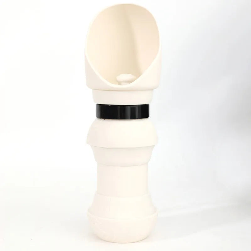 Silicone pet folding water cup shown in open and collapsed states, available in colours like pink, black, and mint green.