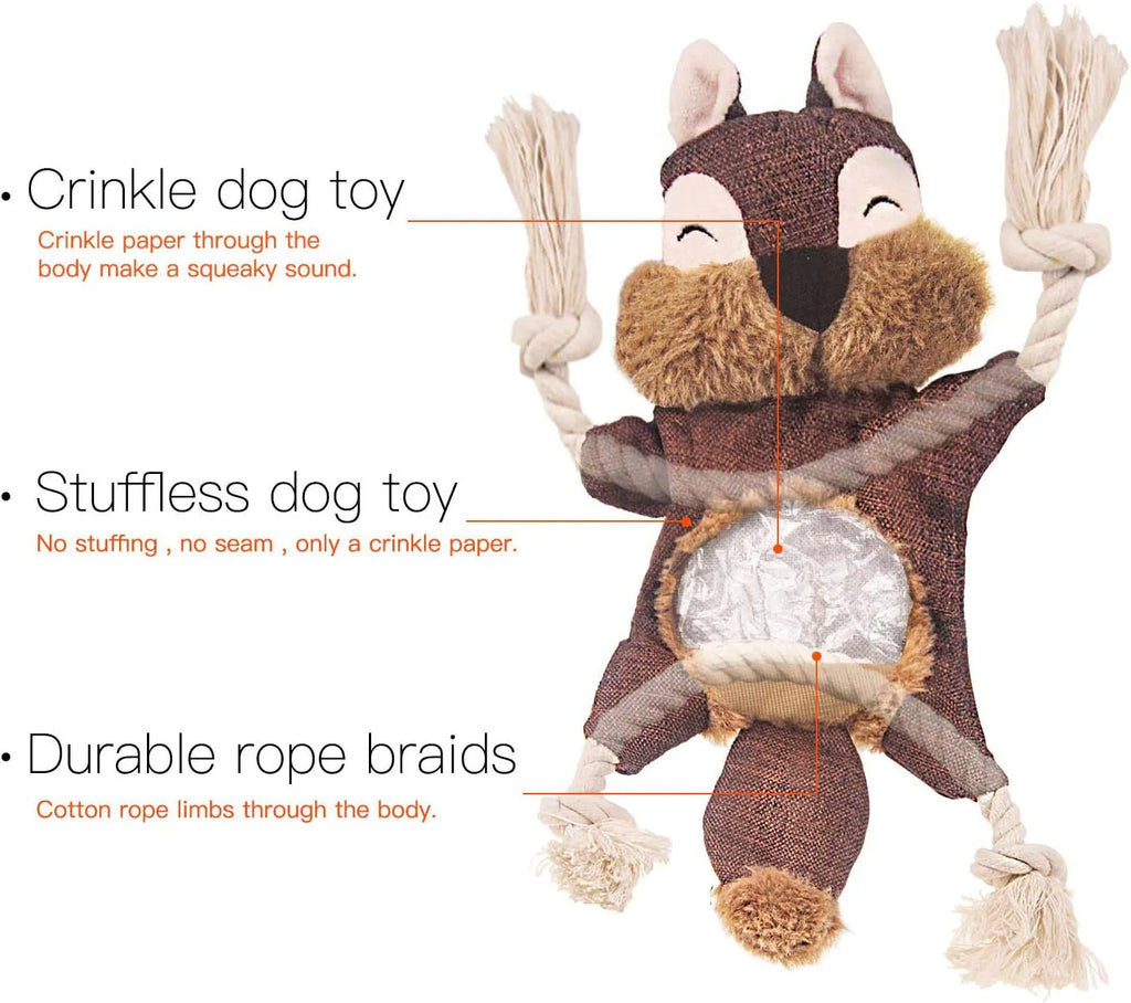 Brown stuffless fox plush dog toy with cotton rope arms, embroidered eyes, and a squeaker.