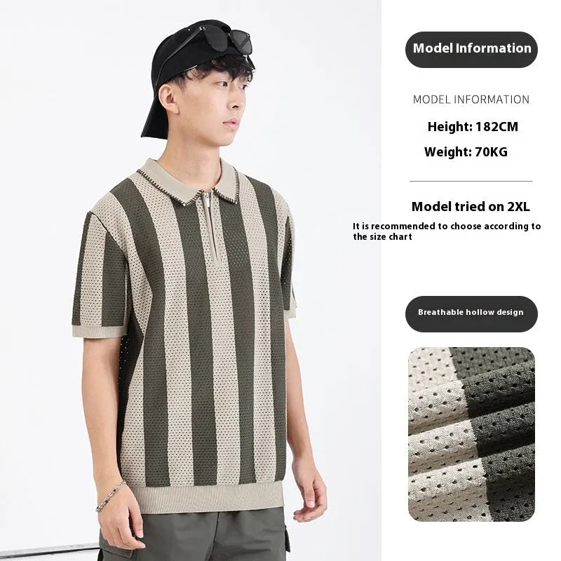 Men's black and white striped short sleeve sweater with zip detail on a hanger