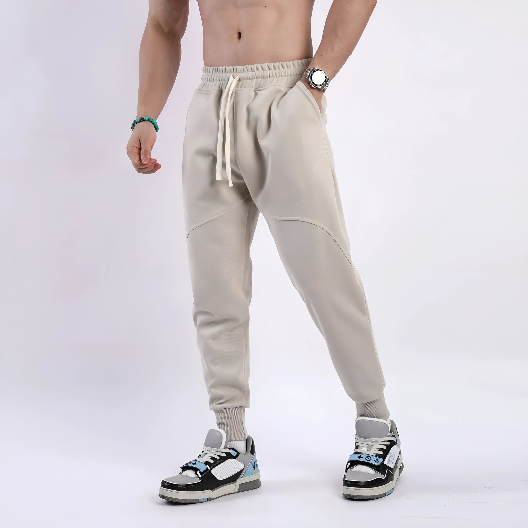 Men's casual ankle-tied drawstring sweatpants in black, polyester cotton fabric, mid waist, available in 5 sizes