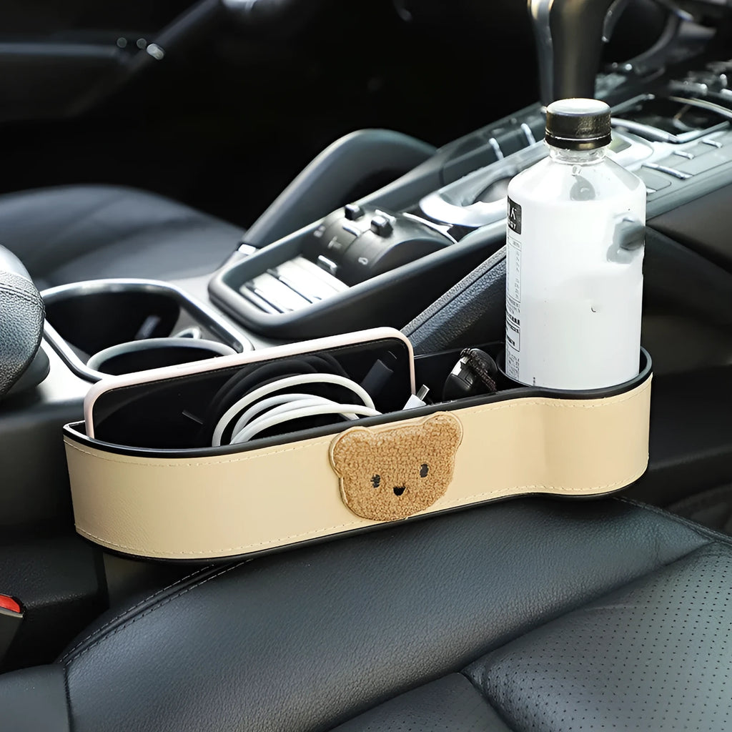 Cartoon bear design car seat gap storage box in leather for organising phones and sunglasses