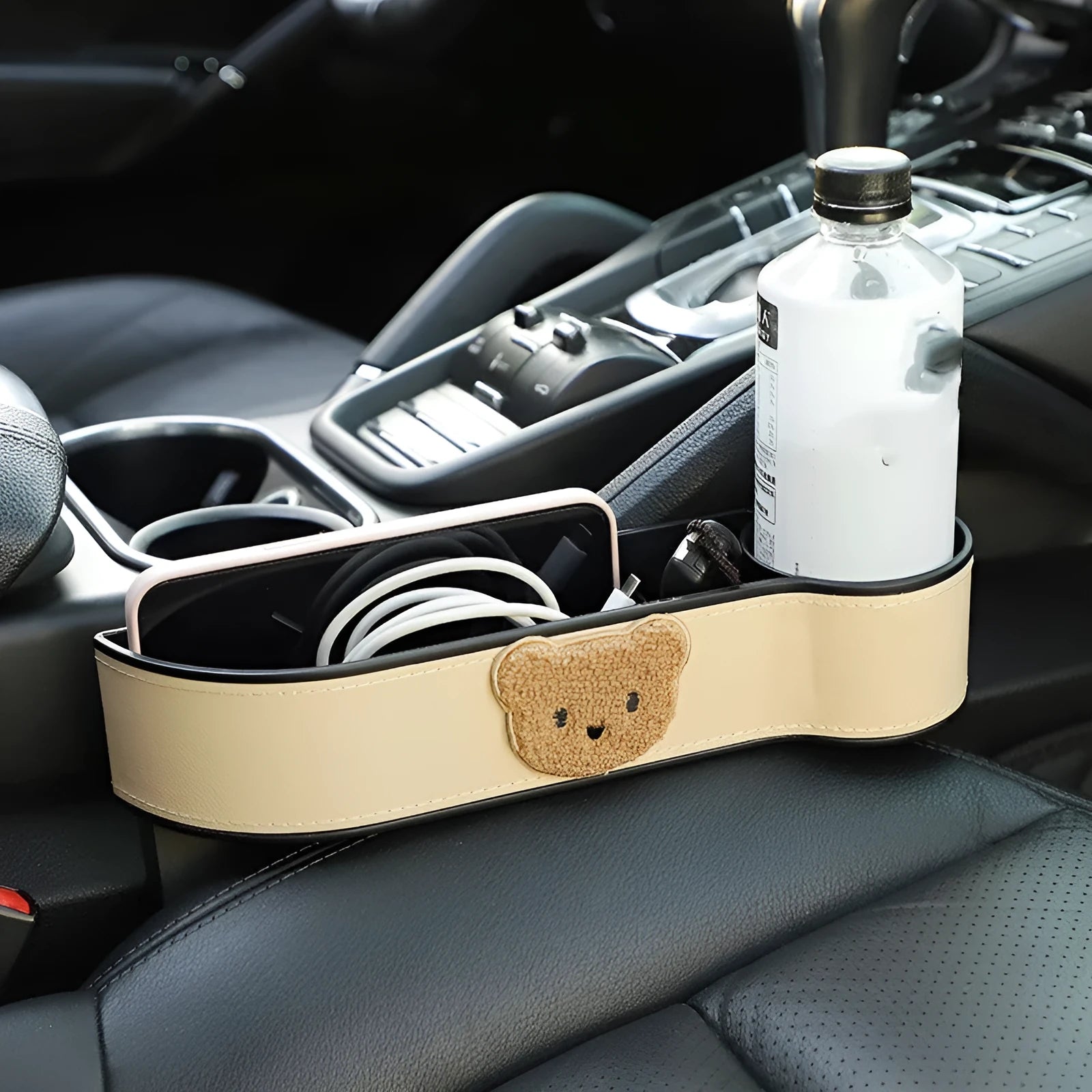 Cartoon bear design car seat gap storage box in leather for organising phones and sunglasses