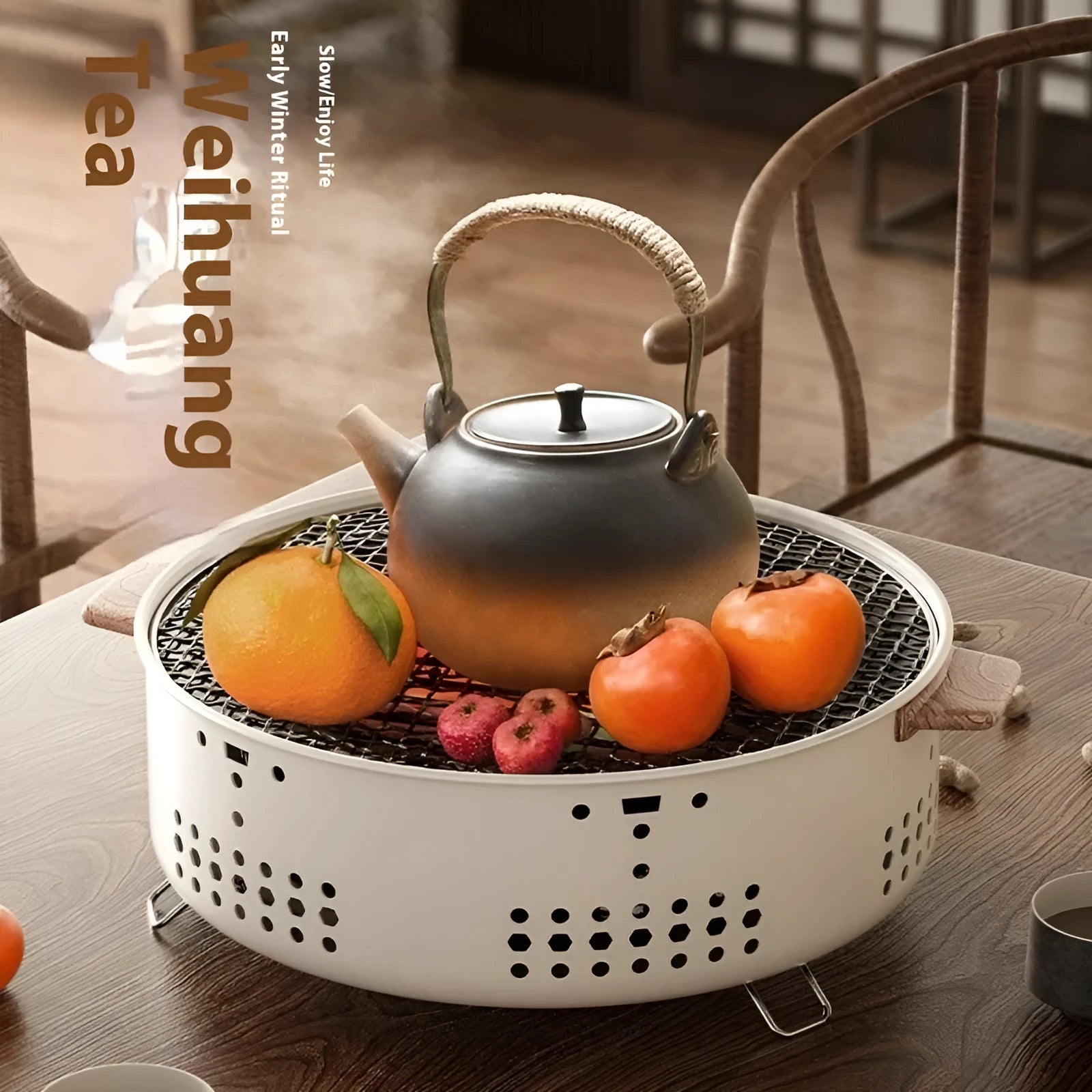 Portable indoor charcoal stove with grill rack disk for tea cooking and baking.