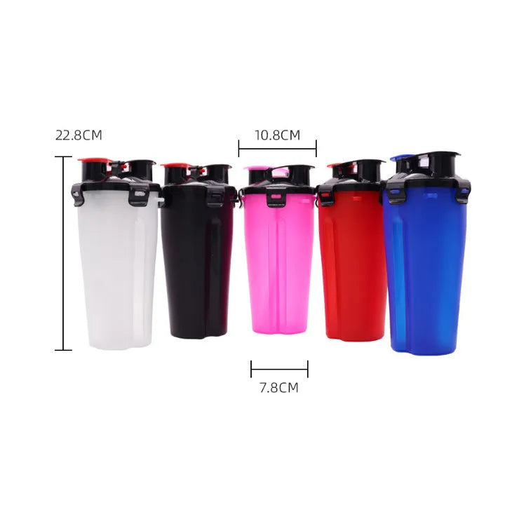 Portable 2-in-1 pet water cup in black, showing separate water and food compartments, PP material, 23cm x 11cm