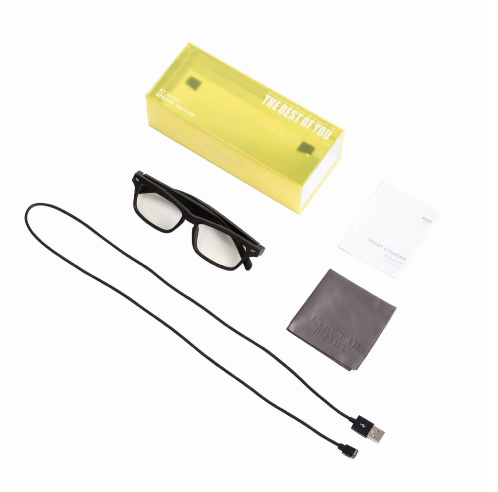 Smart glasses with semi-open ear speakers, polarised lenses, and a unisex PC+ABS frame.