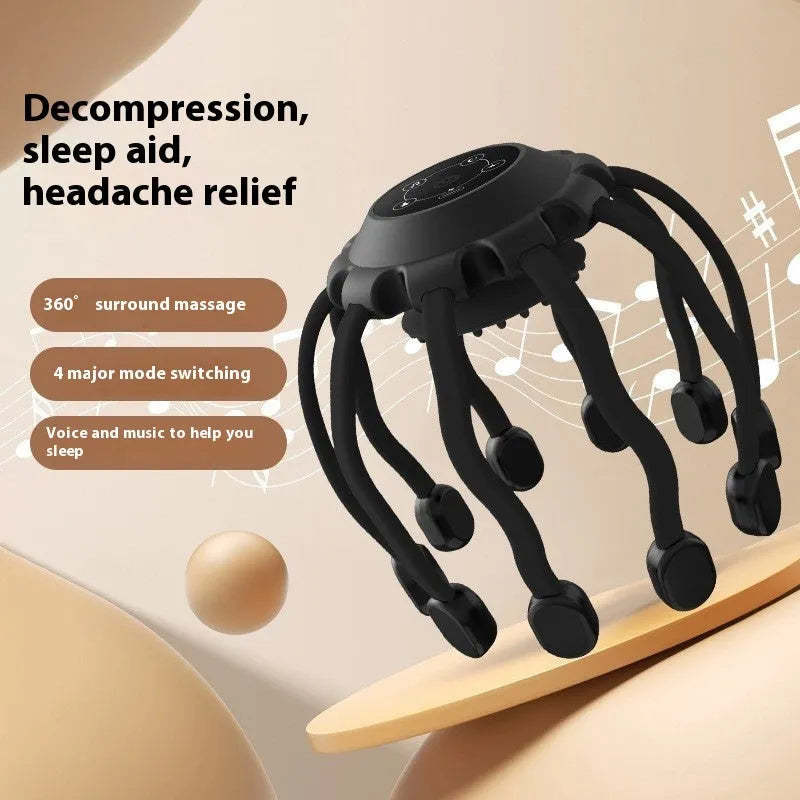 Black handheld electric scalp massager with multiple flexible silicone claws vibrating on a scalp.